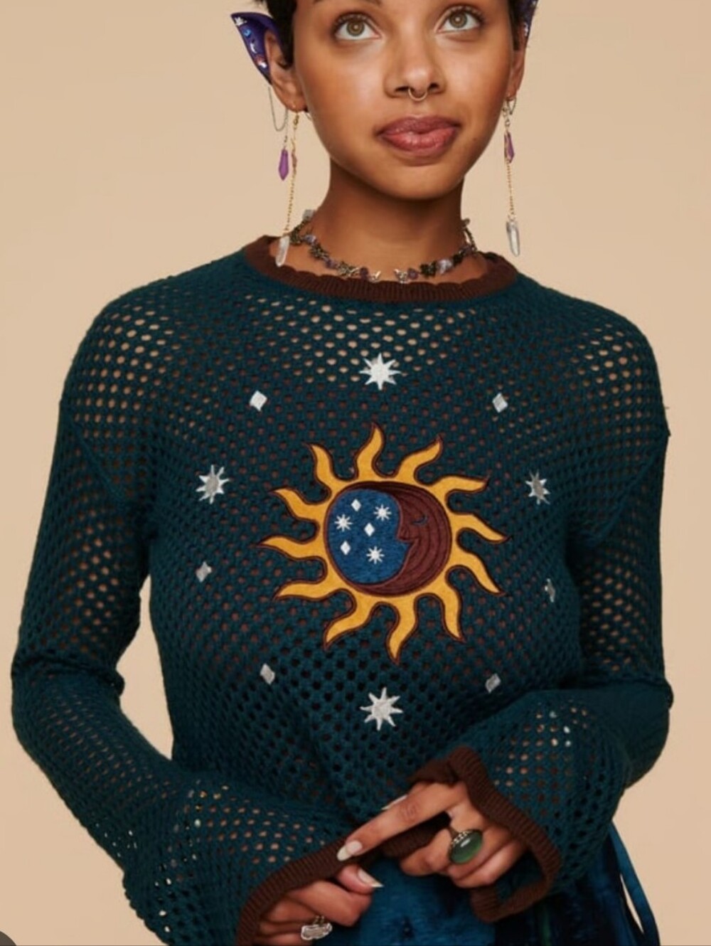 Earthbound Trading Co Sun & Moon Open Knit Sweater Celestial XL Whimsigoth Y2K